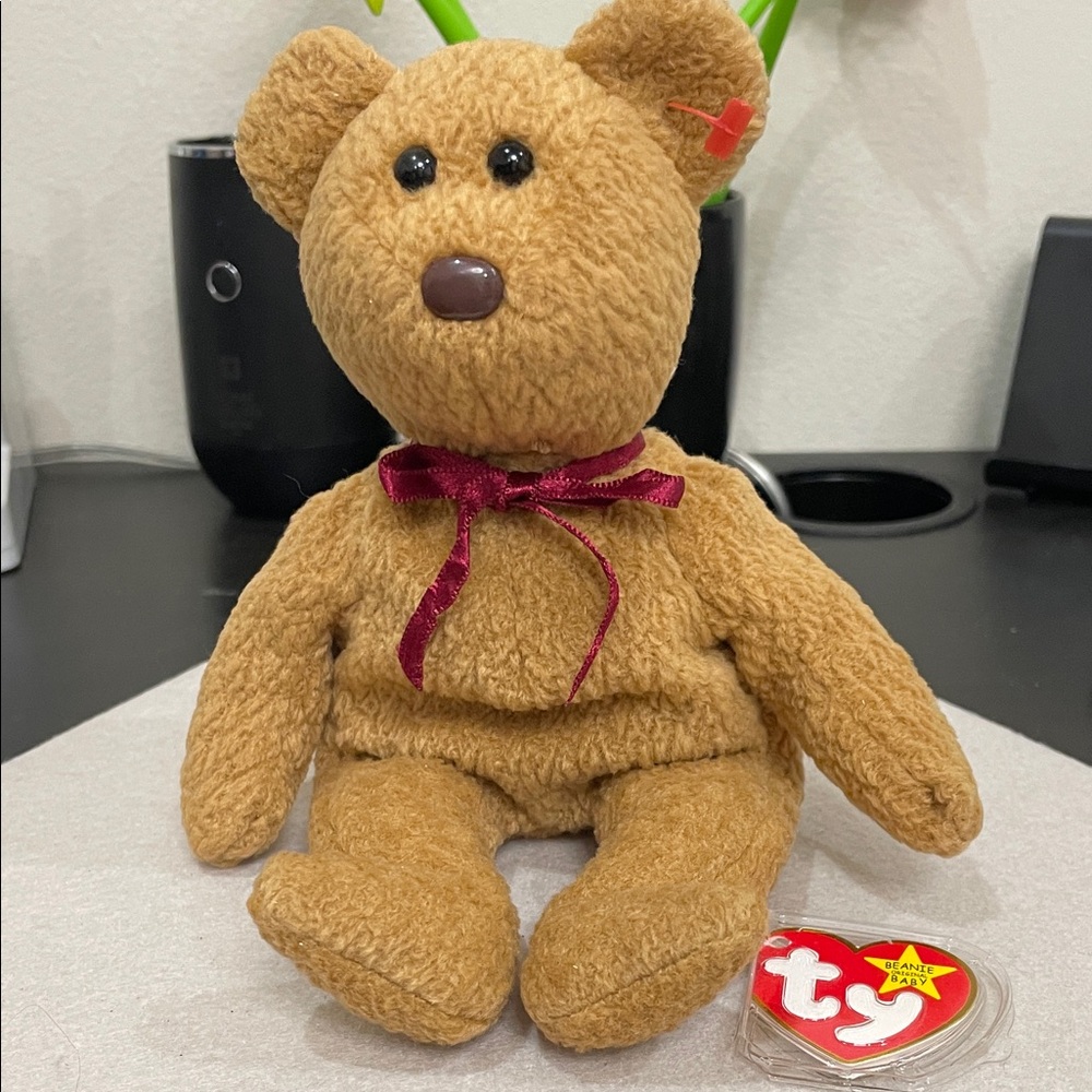 Ty Tan Plush Bear with Burgundy Bow “Curly” born in 1993